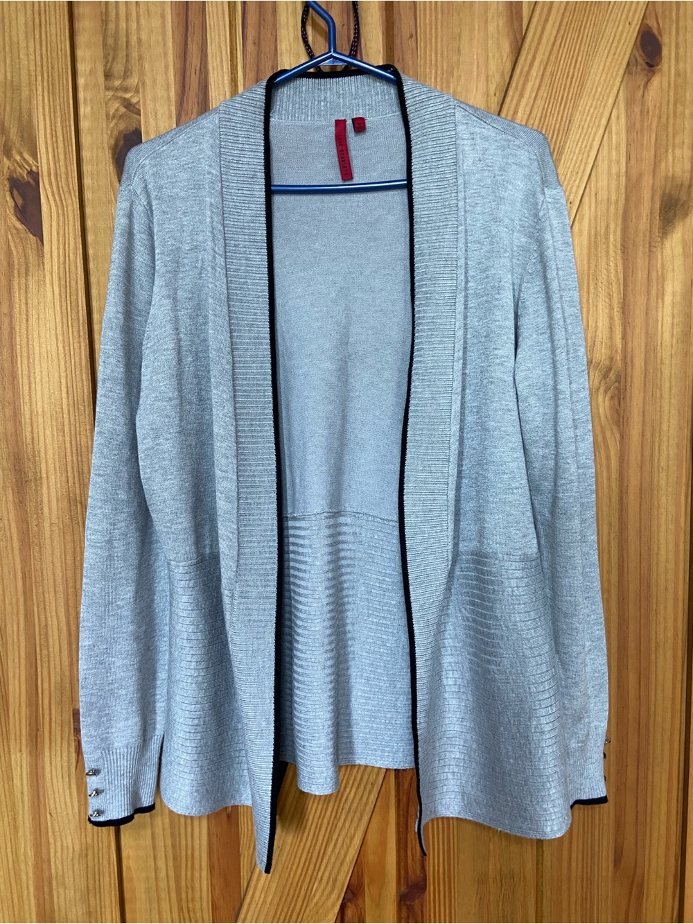 Light Gray Open-Front Cardigan with Black Trim — Women's Layering Sweater